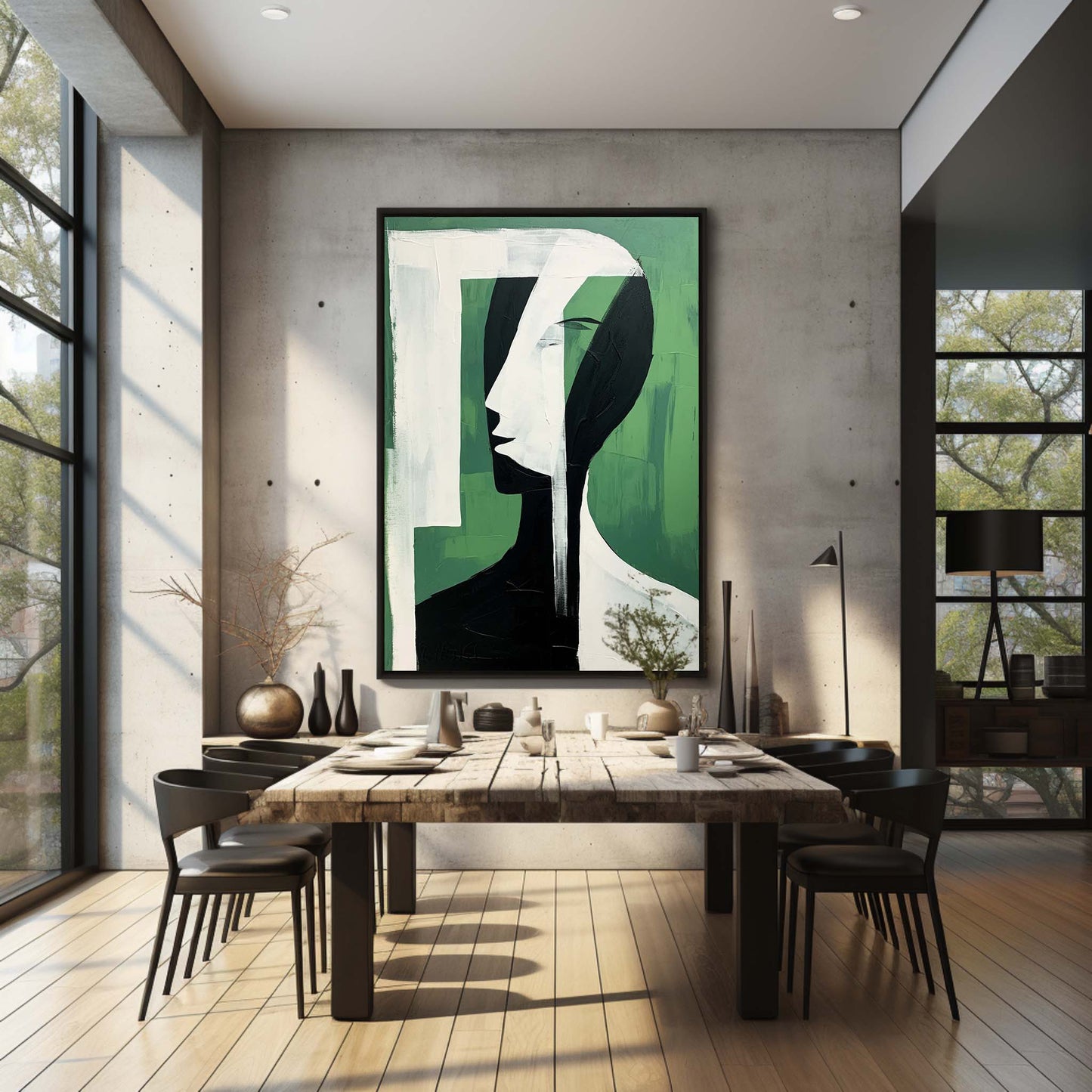 Abstract Green Face Oil Painting - Modern Minimalist Wall Art for Contemporary Spaces