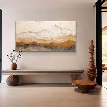 Serene Mountain Landscape Oil Painting for Home Decor and Wabi-Sabi Aesthetic