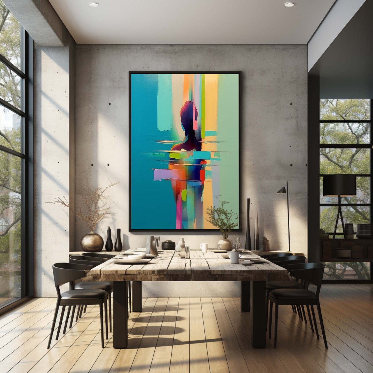 Abstract Expressionism Oil Painting of a Colorful Silhouette in Tranquil Waters