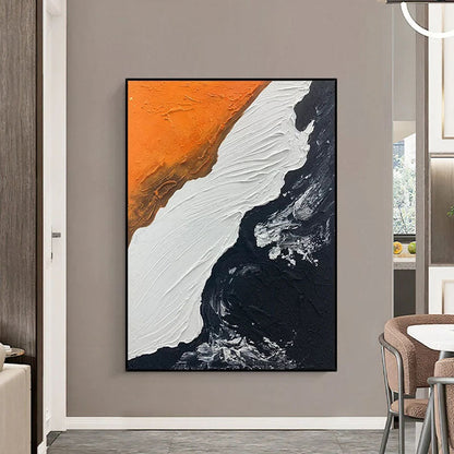 Serene Abstract Ocean Waves Oil Painting in Vibrant Orange and Deep Black Tones