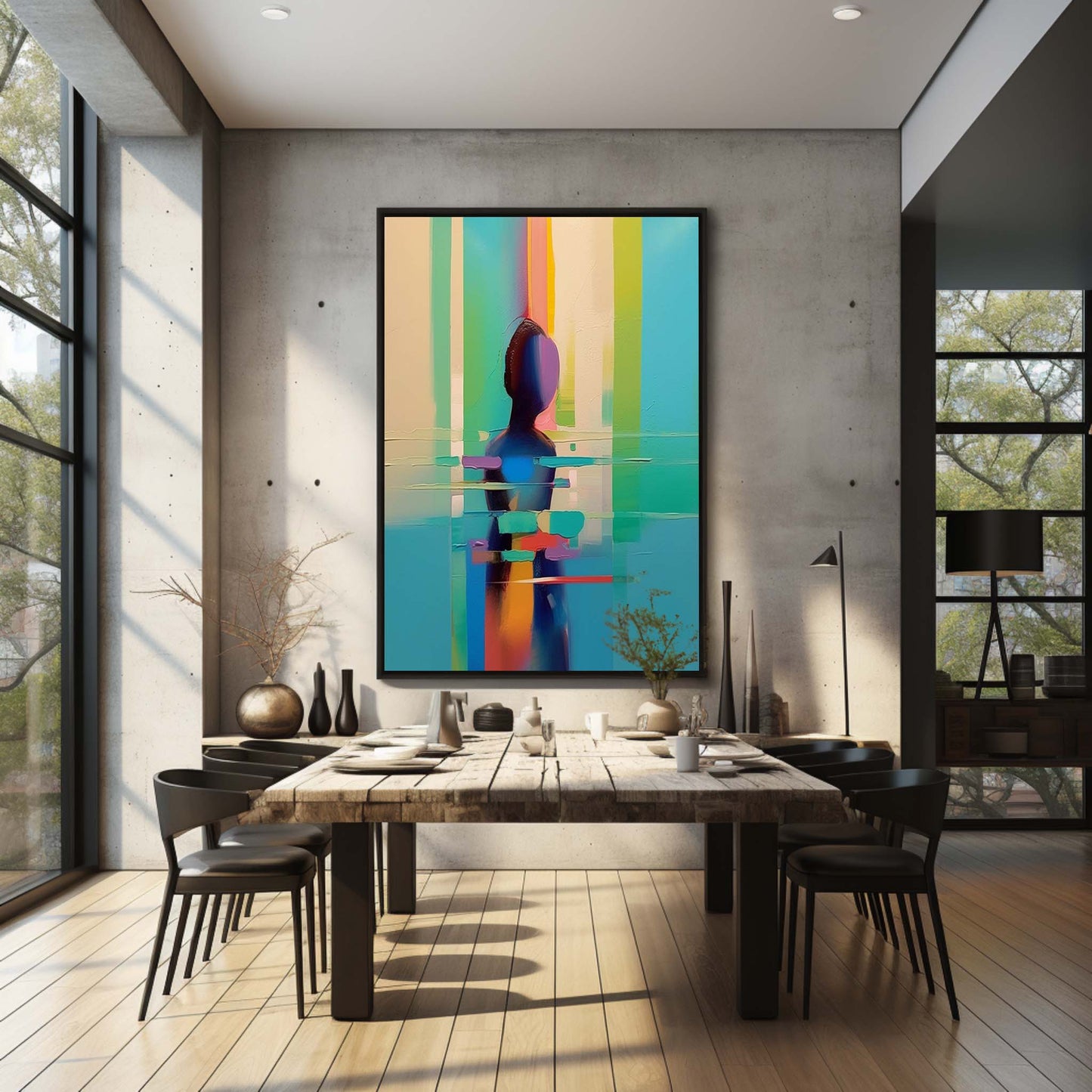 Abstract Colorful Oil Painting of a Silhouette in Vibrant Stripes