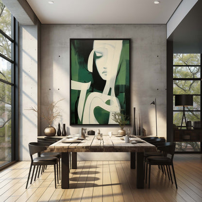 Serene Green Minimalist Oil Painting of Abstract Feminine Form