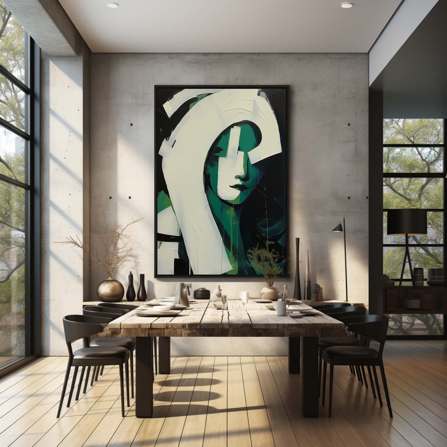 Modern Abstract Oil Painting of a Green-Hued Face in Minimalist Style