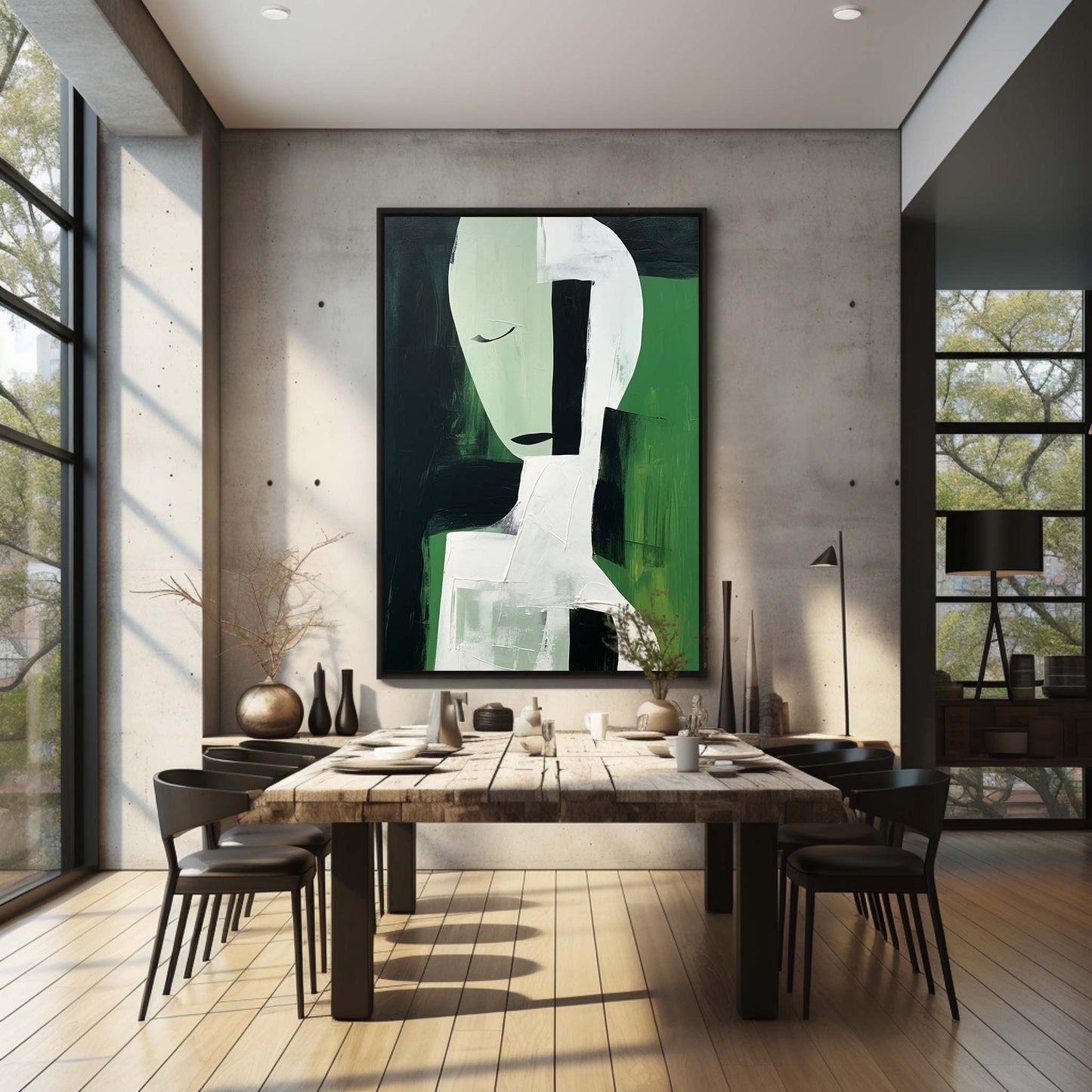Elegant Minimalist Abstract Oil Painting in Green and Black Tones