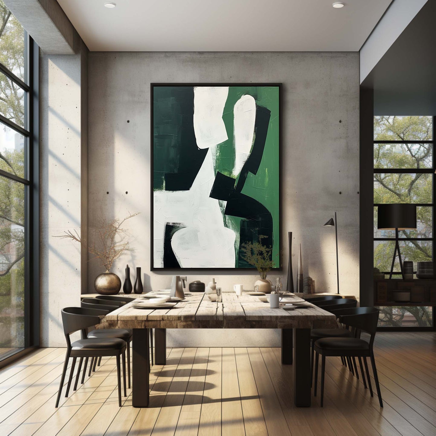 Abstract Green and Black Minimalist Oil Painting for Modern Decor