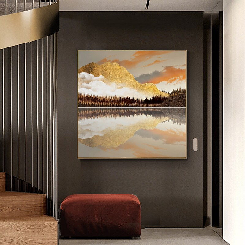 Serene Mountain Reflection Oil Painting in Warm Sunset Hues