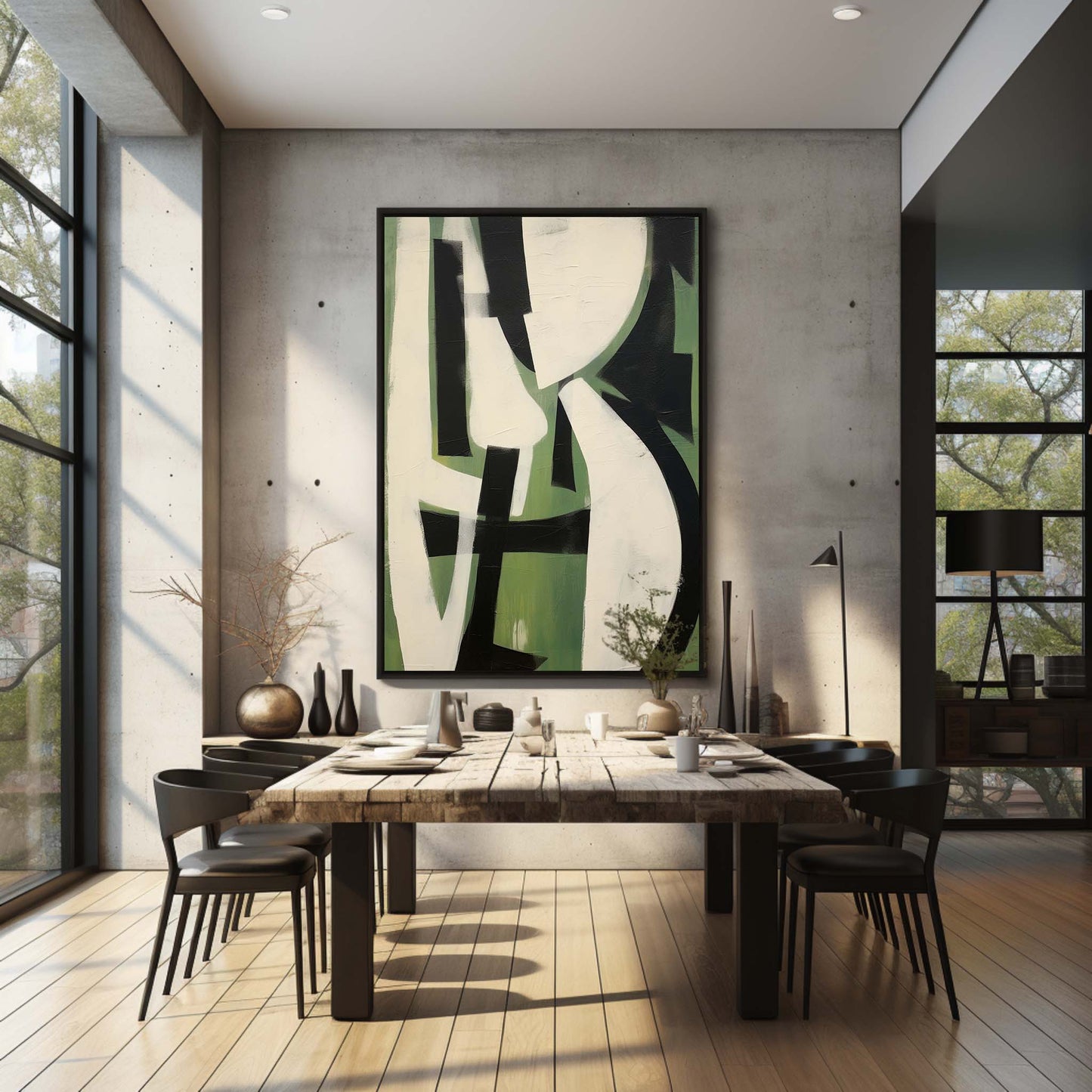 Abstract Green and Black Minimalist Oil Painting for Modern Home Decor