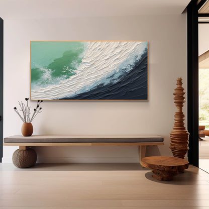 Textured Ocean Wave Oil Painting with Dynamic Plaster Art Finish
