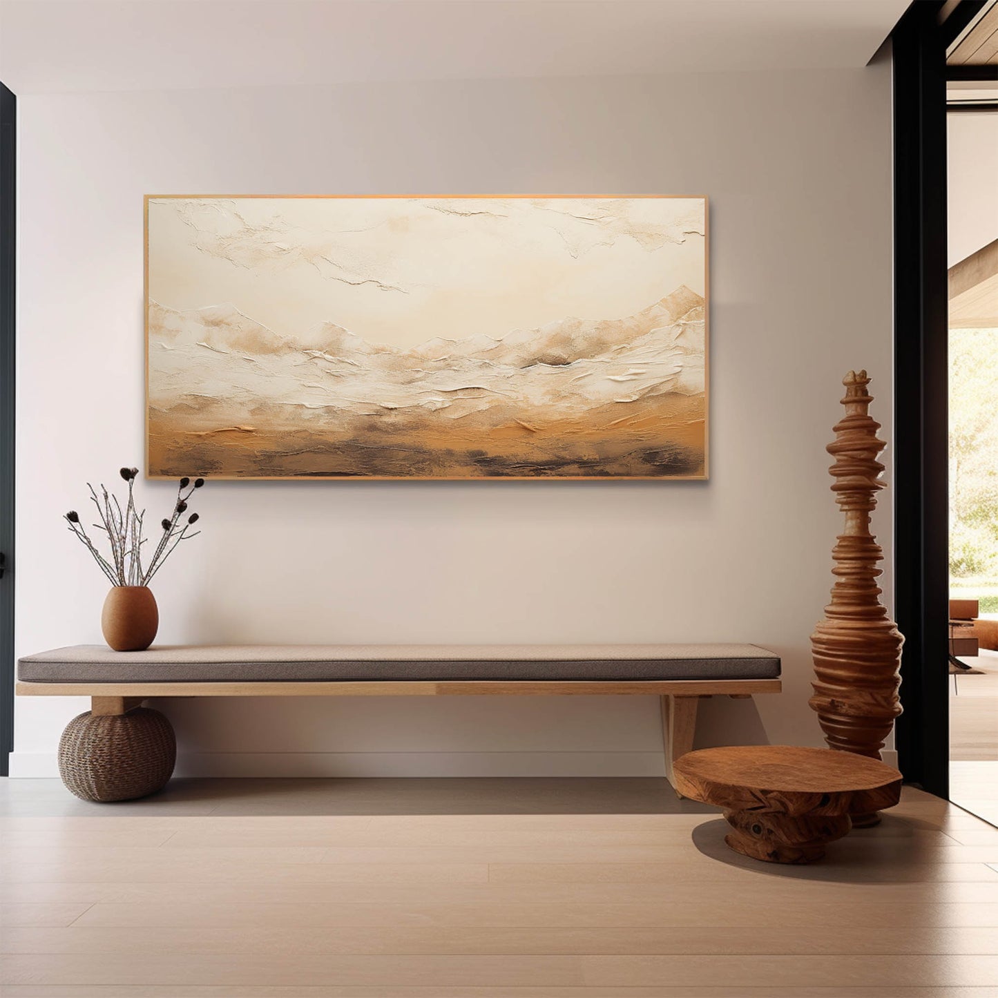 Serene Abstract Oil Painting of Mountain Landscape with Warm Earth Tones