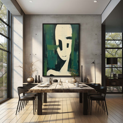 Abstract Minimalist Portrait with Green Accents - Contemporary Oil Painting Decor