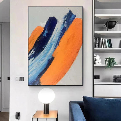 Vibrant Abstract Oil Painting with Dynamic Blue and Orange Brush Strokes for Modern Decor