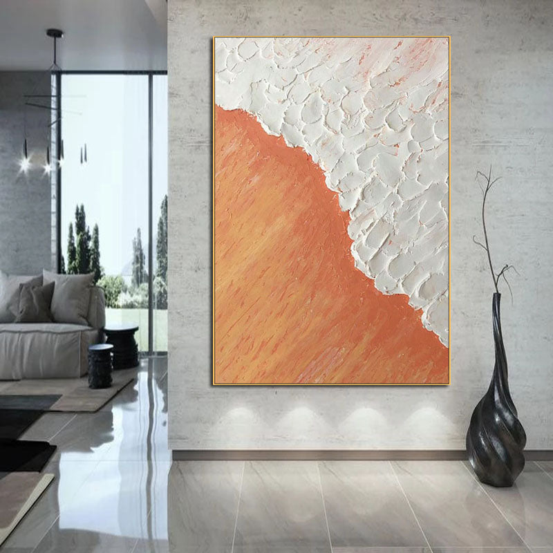 Tranquil Ocean Sunset Oil Painting in Warm Orange and Soft White Hues