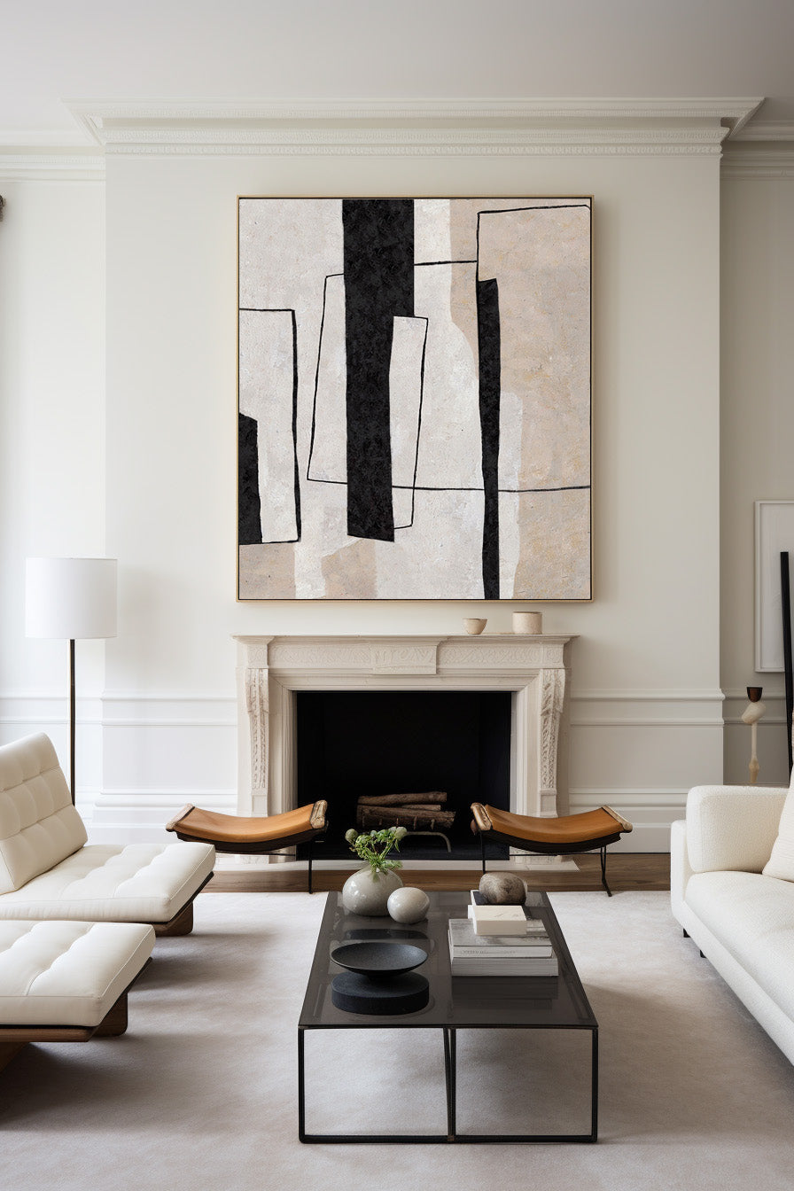 Contemporary Black and White Geometric Oil Painting for Modern Home Decor