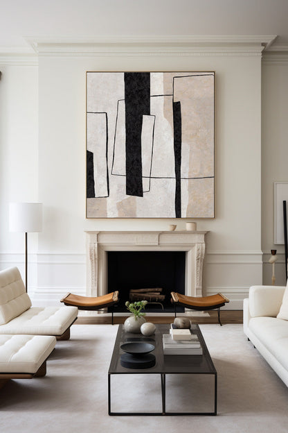 Contemporary Black and White Geometric Oil Painting for Modern Home Decor