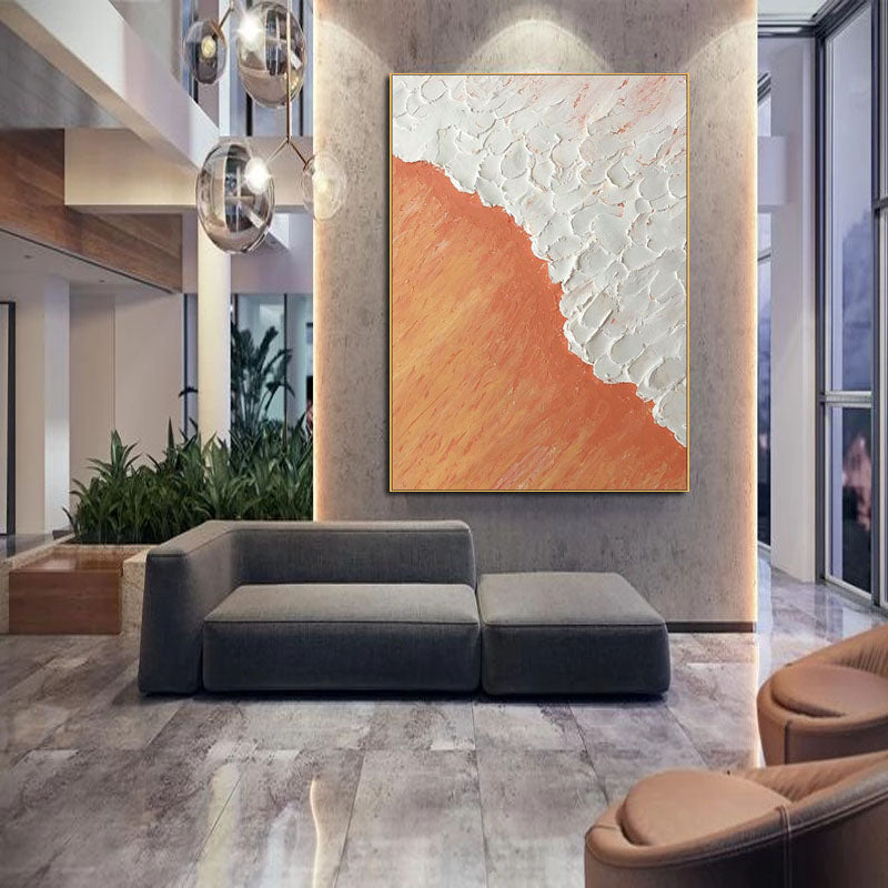Tranquil Ocean Sunset Oil Painting in Warm Orange and Soft White Hues