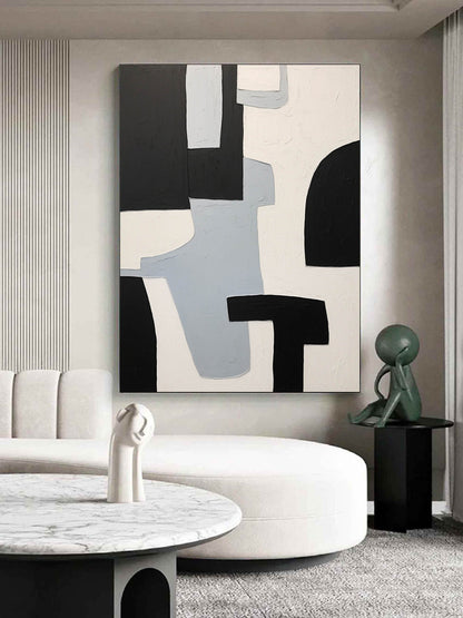 Abstract Black and White Minimalist Oil Painting for Modern Home Decor