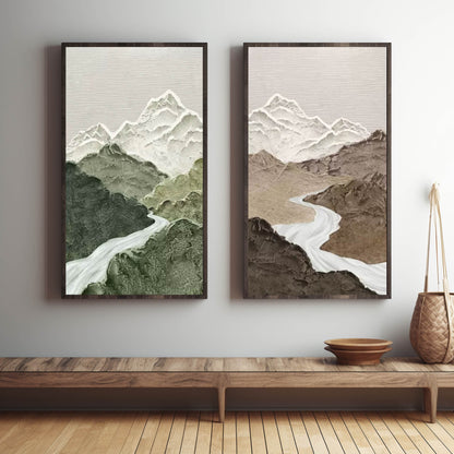 Serene Mountain River Oil Painting Diptych for Elegant Home Decor