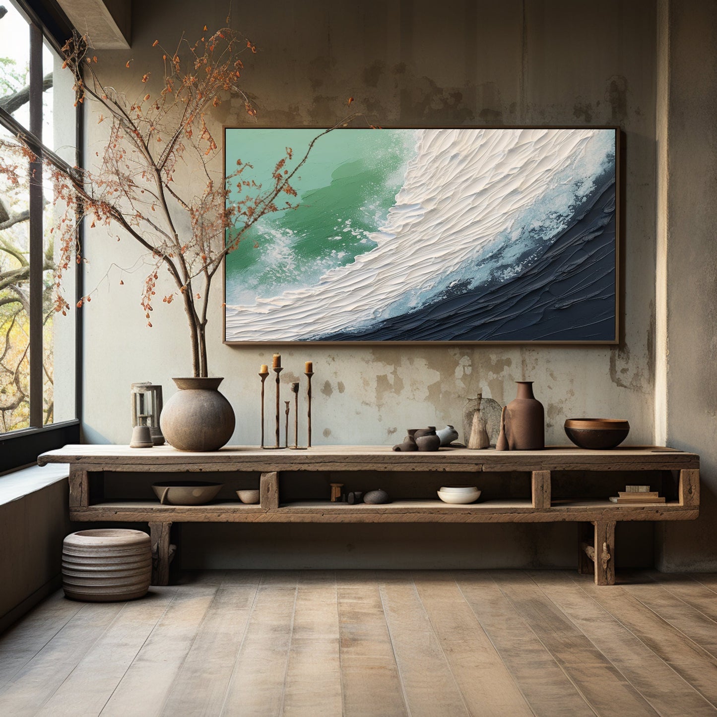 Textured Ocean Wave Oil Painting with Dynamic Plaster Art Finish