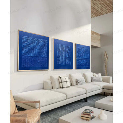 Contemporary Blue Abstract Triptych Oil Painting for Modern Home Decor