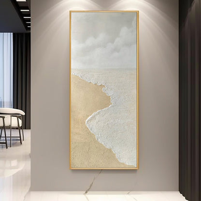 Textured Coastal Landscape Oil Painting with Beach and Cloudy Sky