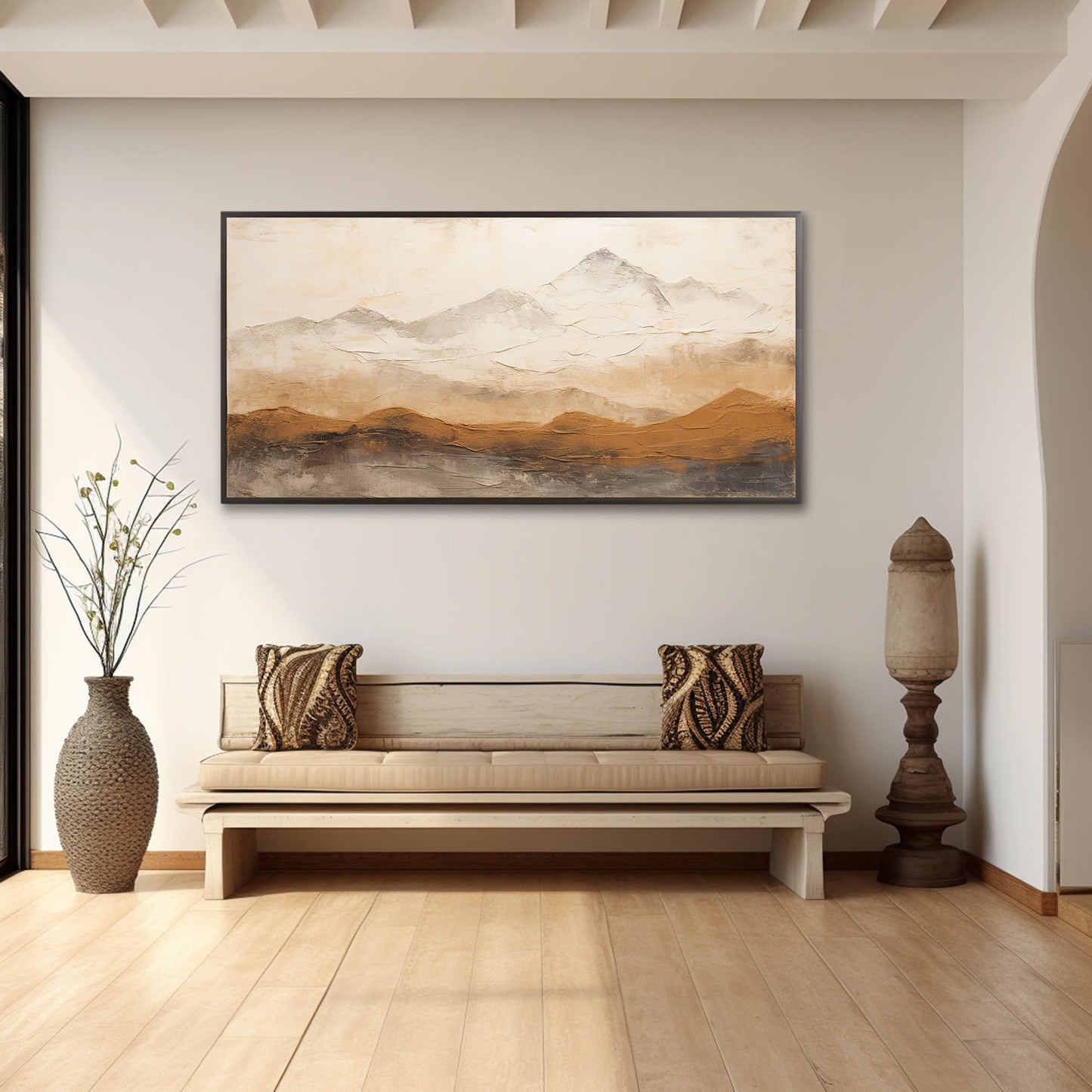 Serene Mountain Landscape Oil Painting for Home Decor and Wabi-Sabi Aesthetic