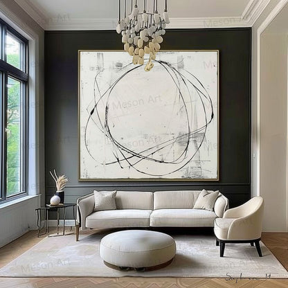 Abstract Minimalist Black and White Oil Painting for Modern Home Decor