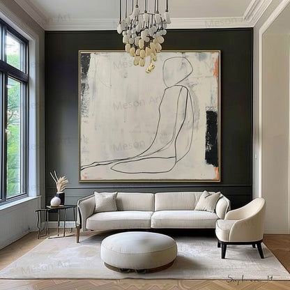 Elegant Minimalist Oil Painting of a Contemplative Figure in Neutral Tones