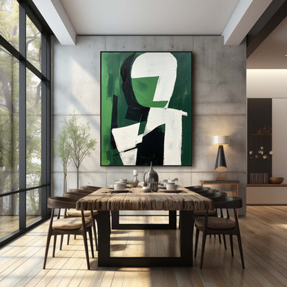 Modern Abstract Oil Painting in Green and White for Minimalist Decor