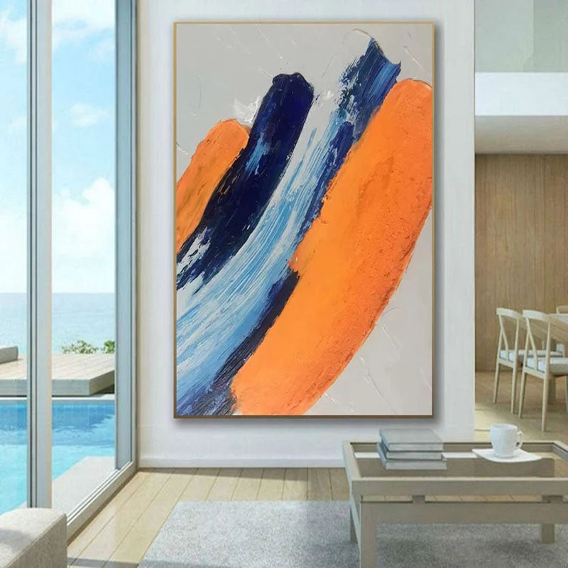 Vibrant Abstract Oil Painting with Dynamic Blue and Orange Brush Strokes for Modern Decor