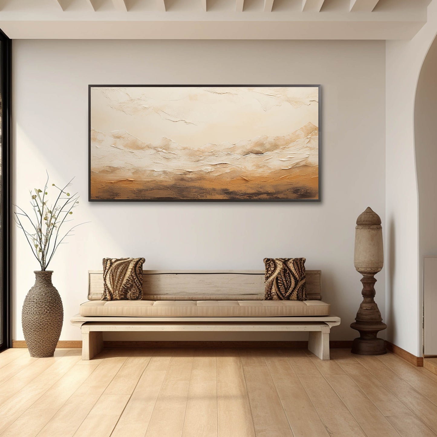 Serene Abstract Oil Painting of Mountain Landscape with Warm Earth Tones