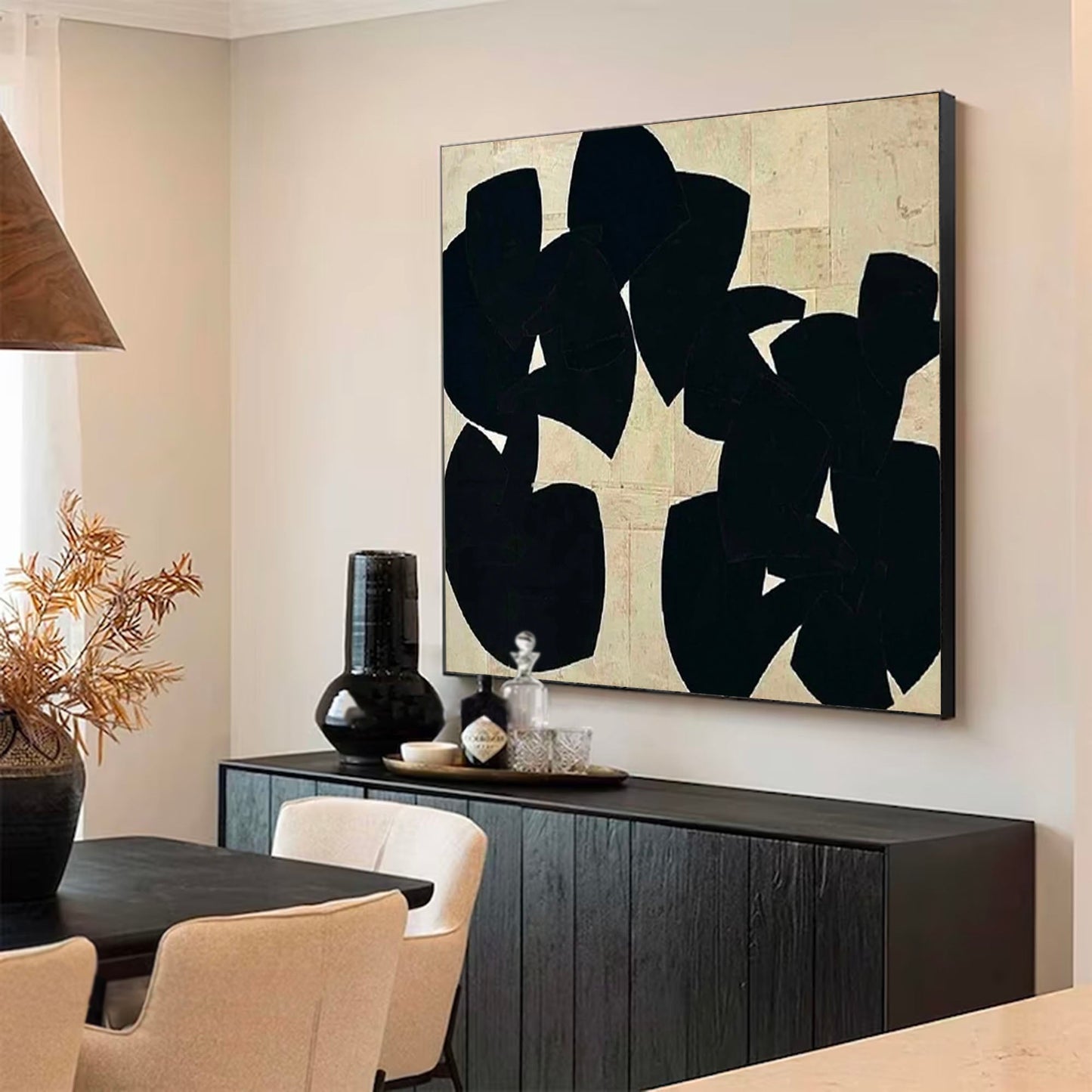 Contemporary Minimalist Abstract Oil Painting with Bold Black Shapes