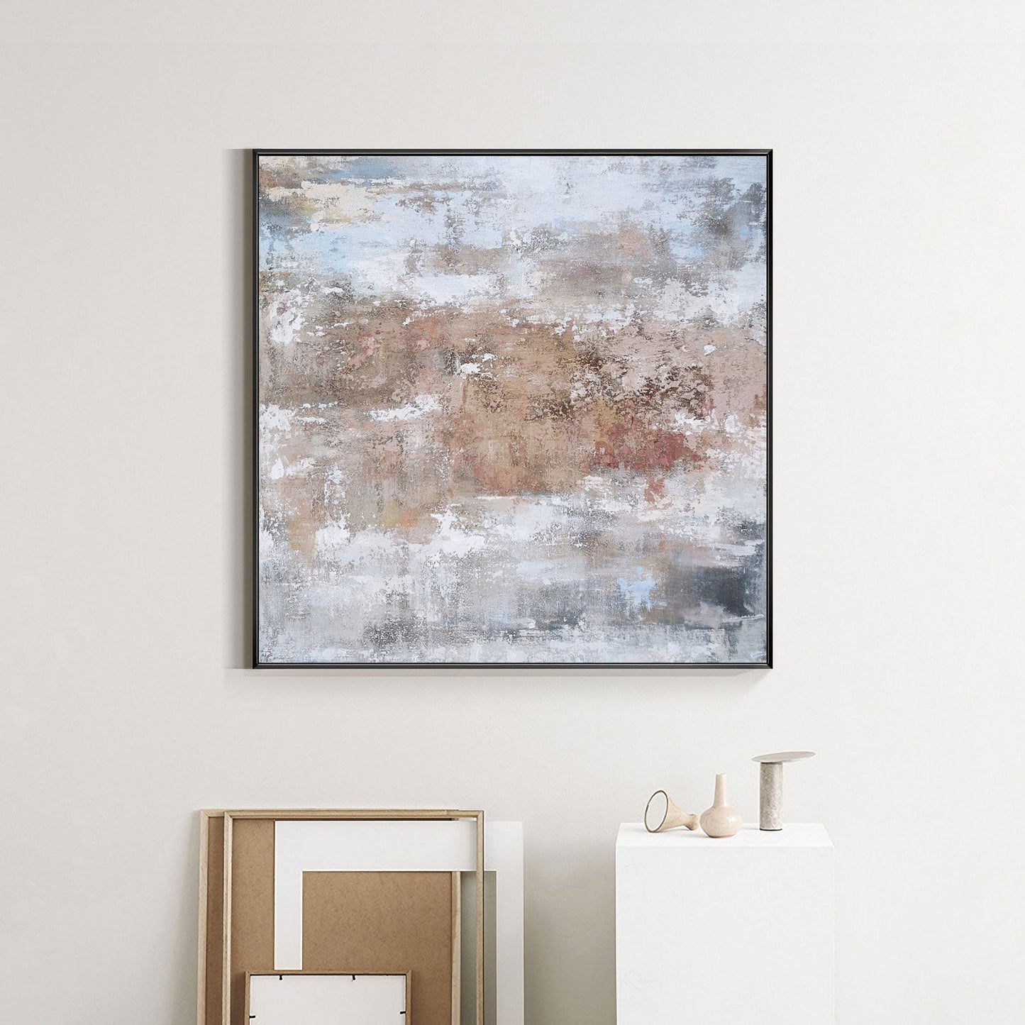 Rustic Grey and White Abstract Oil Painting for Modern Home Decor