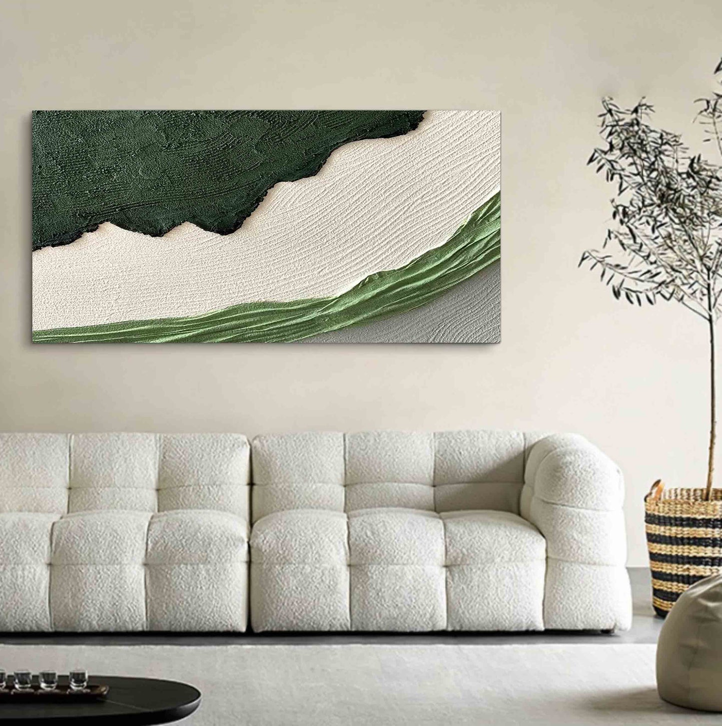 Abstract Green and White Textured Oil Painting for Modern Home Decor