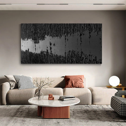 Sleek Black Minimalist Abstract Oil Painting for Modern Home Decor