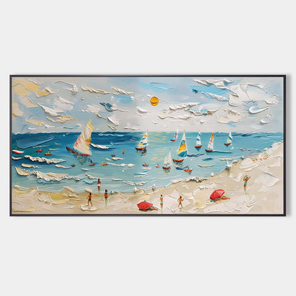 Vibrant Coastal Scene: Sailboats, Beachgoers, and Texture in Oil Painting
