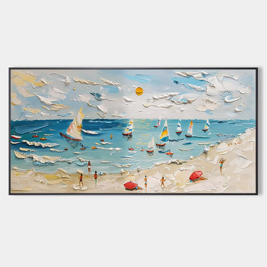 Vibrant Coastal Scene: Sailboats, Beachgoers, and Texture in Oil Painting