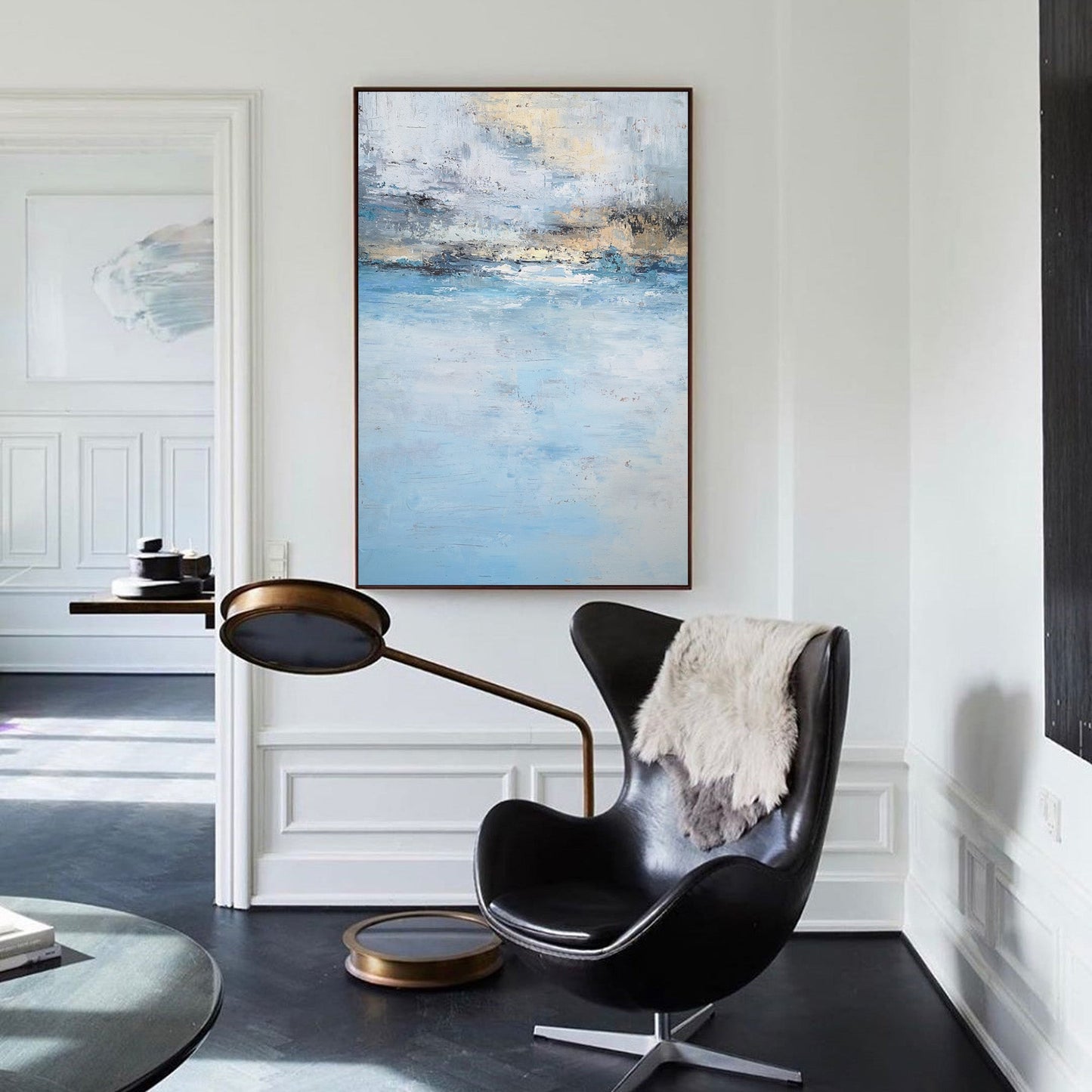 Serene Beach Sunset Oil Painting in Tranquil Blues and Gold Hues
