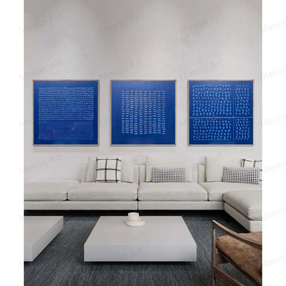 Contemporary Blue Abstract Triptych Oil Painting for Modern Home Decor