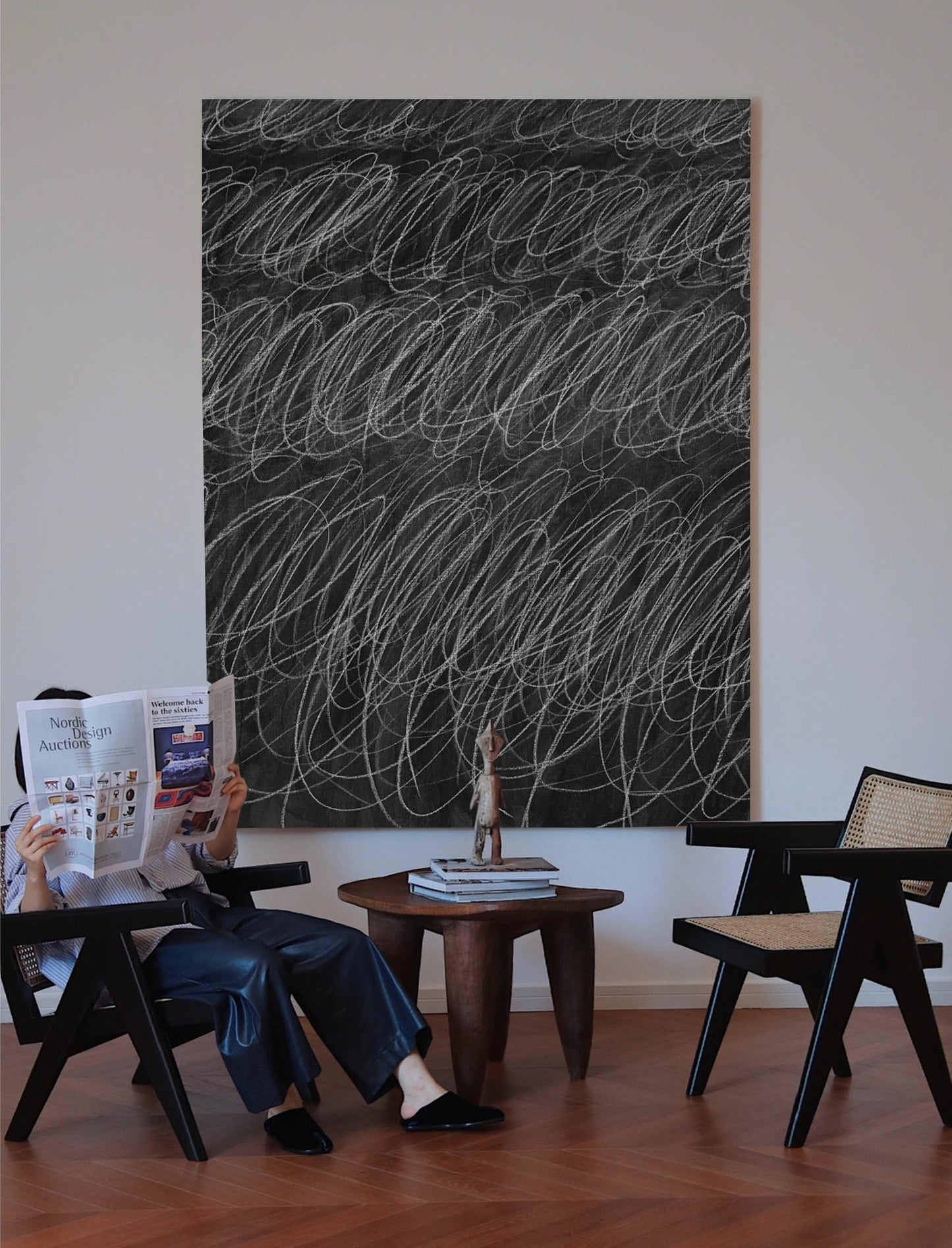 Abstract Minimalist Black and White Line Art Oil Painting for Modern Decor