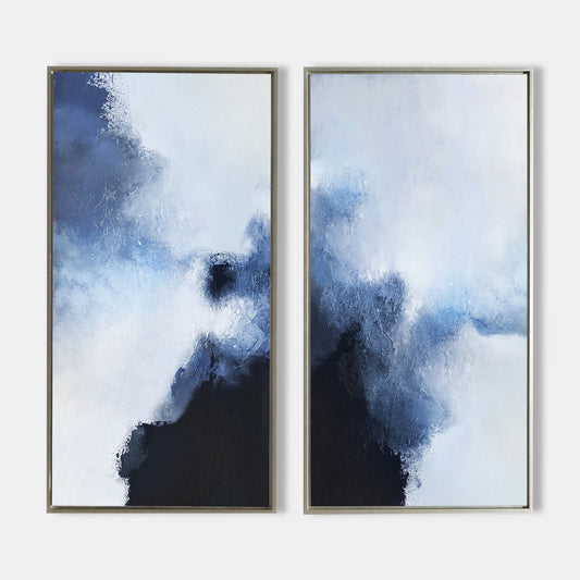 Blue and White Abstract Landscape Oil Painting for Modern Home Decor