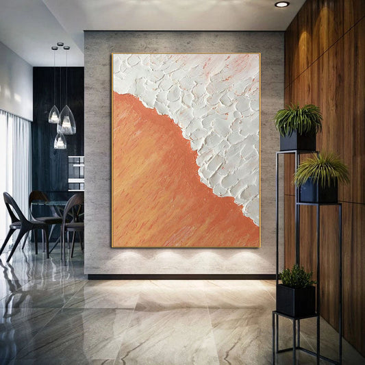Tranquil Ocean Sunset Oil Painting in Warm Orange and Soft White Hues