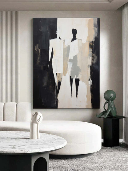 Abstract Figures in Black and White Minimalist Oil Painting for Modern Home Decor