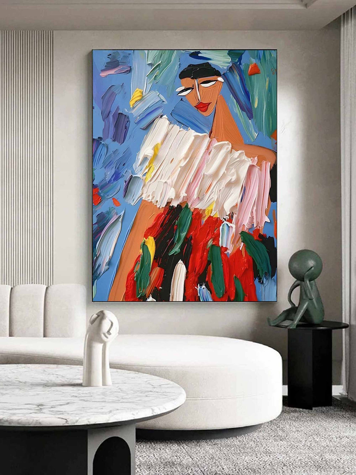 Vibrant Abstract Oil Painting of a Woman in Colorful Attire and Expressive Background