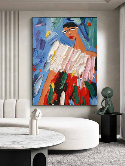 Vibrant Abstract Oil Painting of a Woman in Colorful Attire and Expressive Background