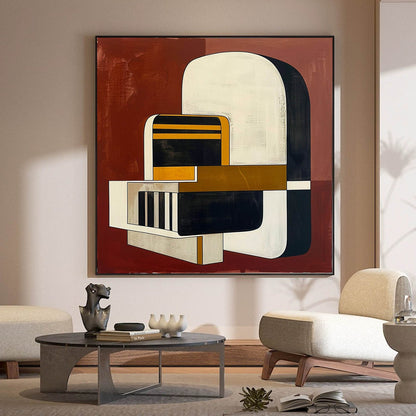 Modern Vintage Abstract Oil Painting with Bold Geometric Shapes and Warm Tones