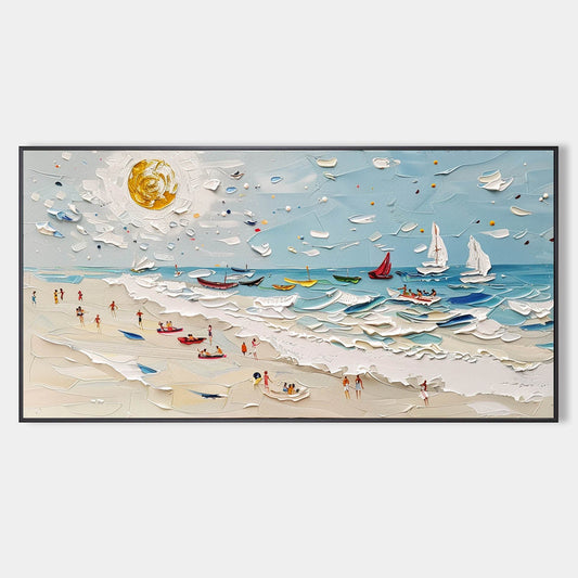 Vibrant Beach Scene Oil Painting with Boats and Sunlit Sky