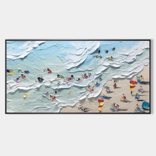 Coastal Bliss: Textured Oil Painting of Beach Scene with People and Ocean Waves