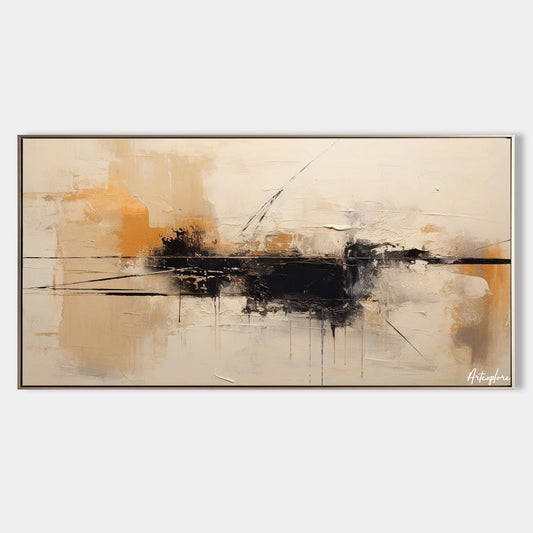 Contemporary Abstract Oil Painting in Warm Tones and Bold Black Accents