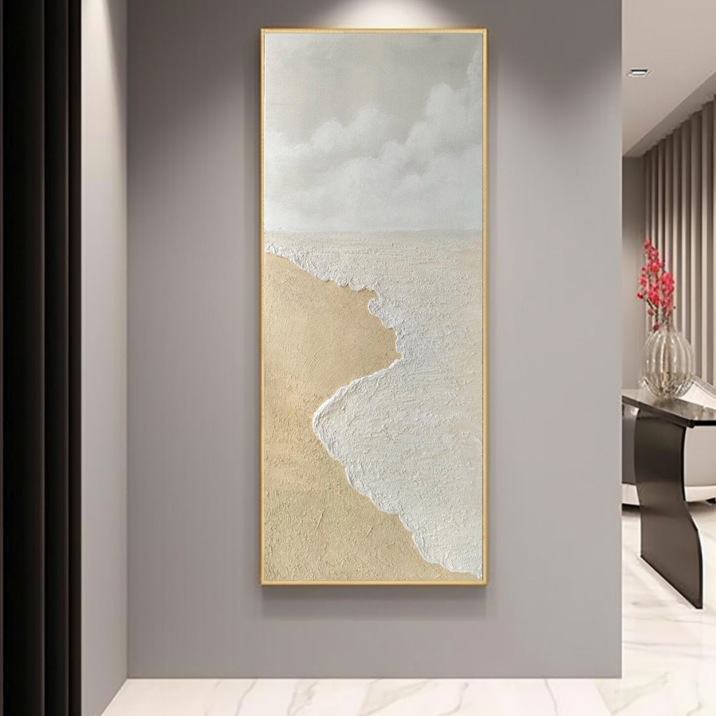 Textured Coastal Landscape Oil Painting with Beach and Cloudy Sky