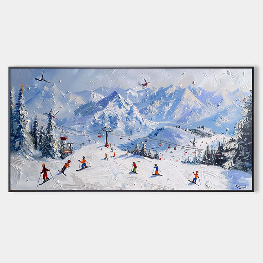 Vibrant Winter Ski Scene Oil Painting with Textured Snow and Mountain Landscape